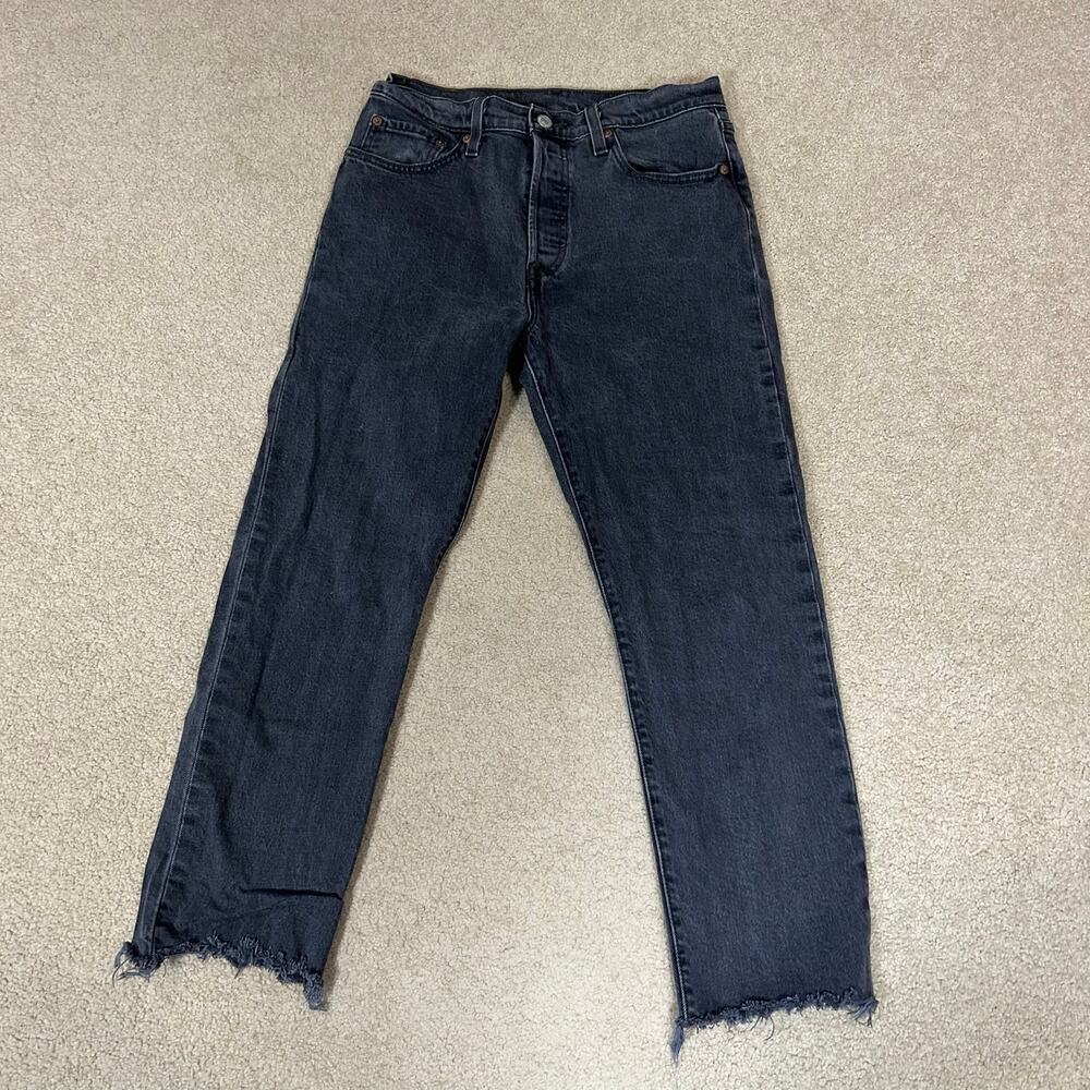 Levi's 501 Button Fly Raw Hem Jeans in Black Straight Leg High Waist Sz W28 L29
